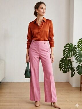 Talbots Quiet Luxury Heathered Pink Flare Tab Waist Textured Twill Pants Size 12